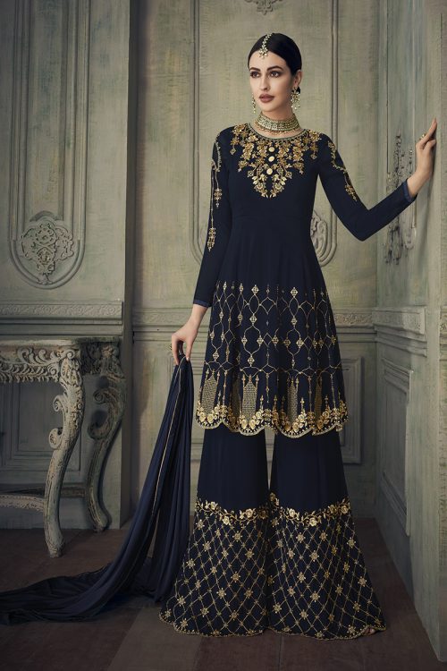 Georgette Blue Heavy Thread and Zari Work with Diamond Work Salwar Kameez