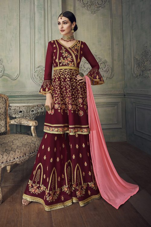 Georgette Maroon Heavy Thread and Zari Work with Diamond Work Salwar Kameez