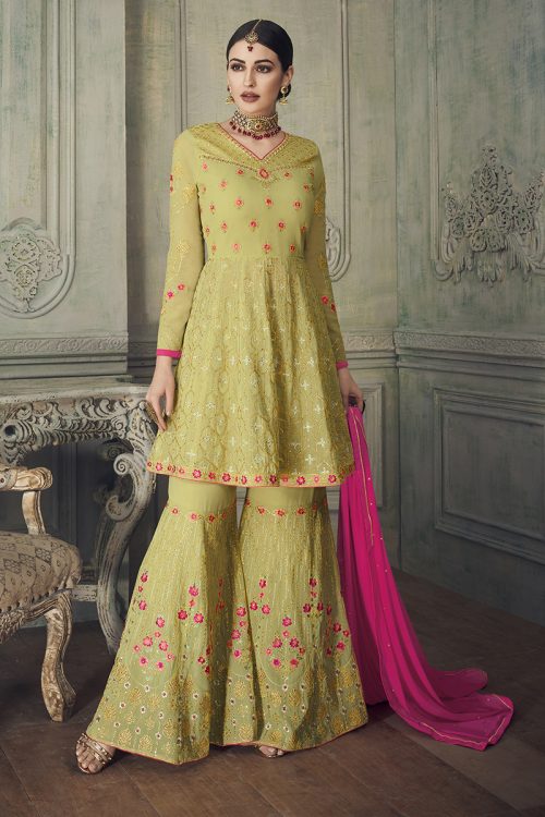 Georgette Lime Heavy Thread and Zari Work with Diamond Work Salwar Kameez