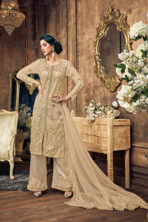 Beige Net Heavy Thread and Zari Work with Diamond Work Salwar Kameez