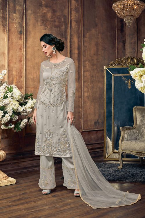 Grey Net Heavy Thread and Zari Work with Diamond Work Salwar Kameez