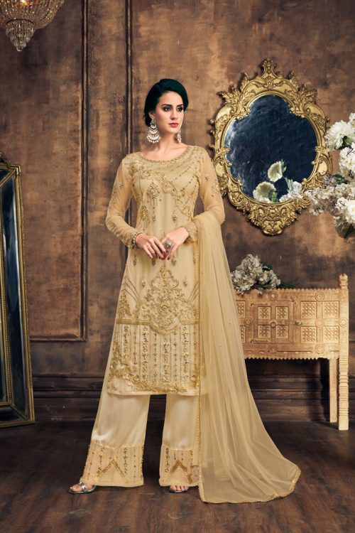 Cream Heavy Net Thread and Zari Work with Diamond Work Salwar Kameez