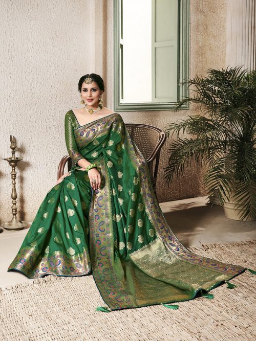 Dark Green Silk Jacquard Woven