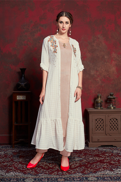 Cream&Rust Pure muslin& Mulayam fancy Fabric Thread Embroidery and Hand Work with Fancy Pattern