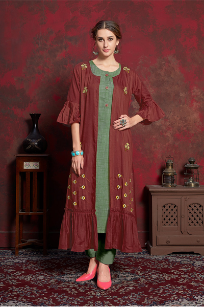 Maroon&Green Pure muslin& Mulayam fancy Fabric Thread Embroidery and Hand Work with Fancy Pattern