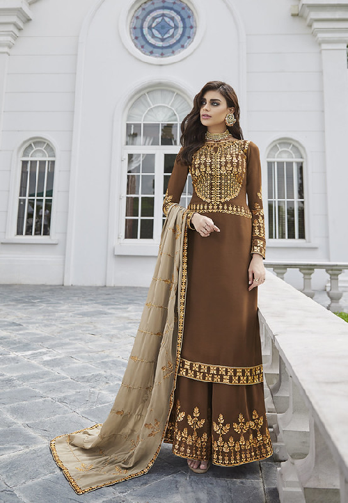 Coffee Georgette Zari Embroidered Work with Embroiderd Dupatta Salwar Kameez