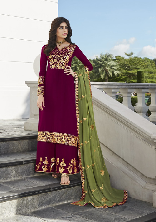 Magenta Georgette Zari Embroidered Work with Embroiderd Dupatta Salwar Kameez