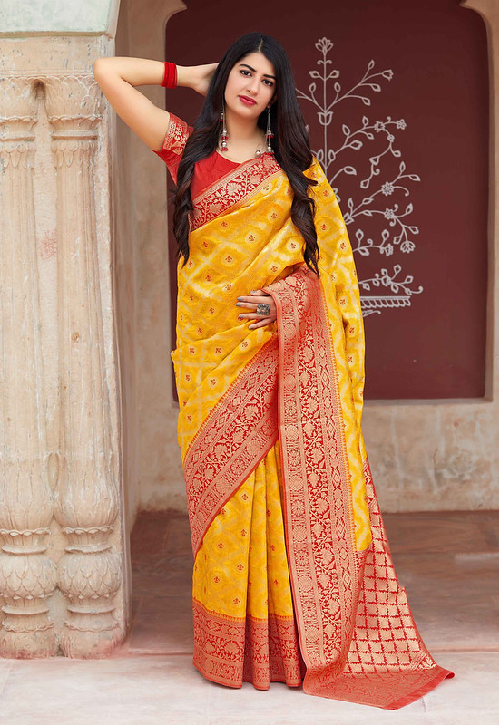 Yellow Banarasi Weaving Patola Silk Saree with Blouse