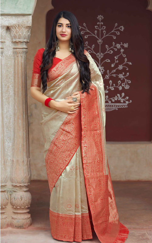 Cream Banarasi Weaving Patola Silk Saree with Blouse