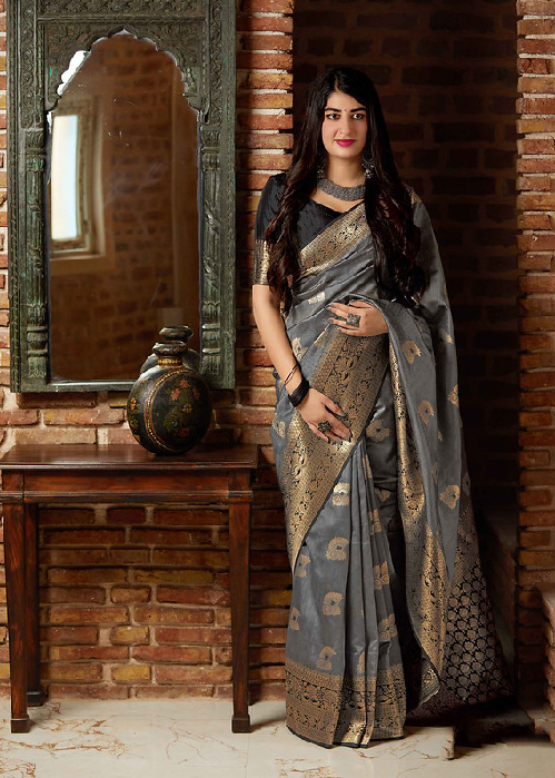 Grey Banarasi Weaving Patola Silk Saree with Blouse