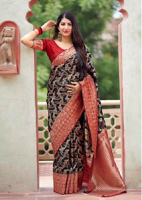 Black Banarasi Weaving Patola Silk Saree with Blouse