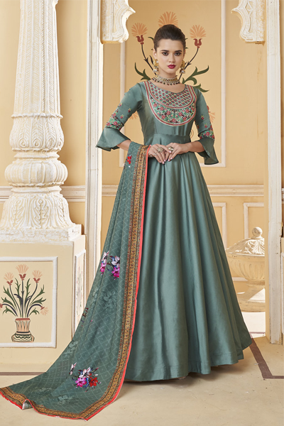 Teal Soft Silk Thread Embroidered On Neck and Sleeve with Digital Print Dupatta