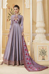 Lavender Soft Silk Thread Embroidered On Neck and Sleeve with Digital Print Dupatta