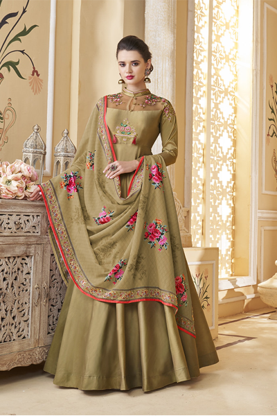 Olive Soft Silk Thread Embroidered On Neck and Sleeve with Digital Print Dupatta