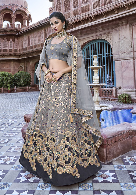 Grey Silk Designer Jacquard & Thred & Coding Embroidered and Stone Work Bridal Lehenga Choli