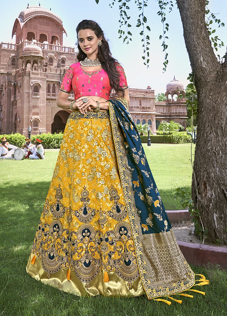 Yellow Silk Designer Jacquard & Thred & Coding Embroidered and Stone Work Bridal Lehenga Choli