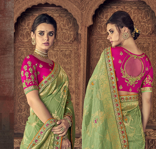 Light green saree shop with pink blouse