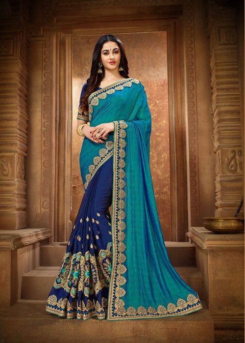 Dark Green & Navy Blue Heavy Thread and Zari Embroiderey Saree with Blouse