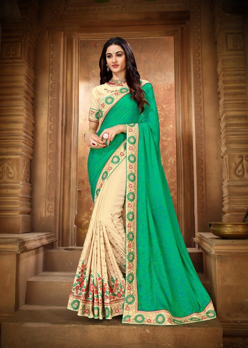 Green & Cream Heavy Thread and Zari Embroiderey Saree with Blouse