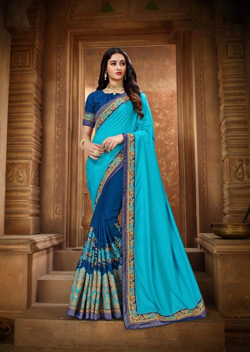 Sky Blue & Blue Heavy Thread and Zari Embroiderey Saree with Blouse