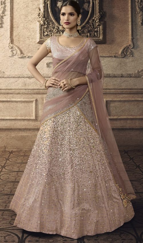 Light Pink Net Designer Sequence, Zari Embroidered, Stone and Diamond Work