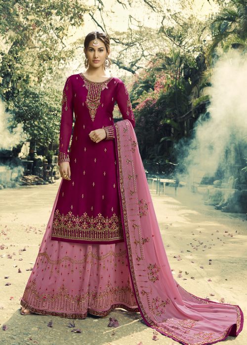 Magenta Heavy Thread Embroidered on Neck, Sleeve with Embroidered Bottom & Dupatta Salwar Kameez