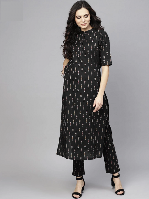 Brithika Cotton Black Ikat Printed Straight Kurta With Pant Set