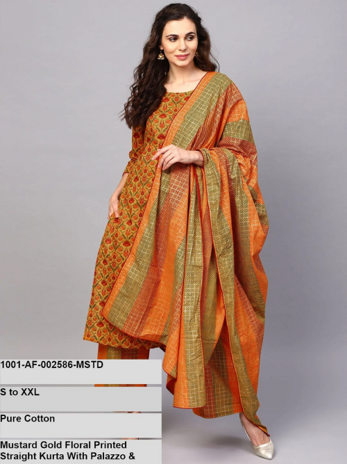 Mustard Gold Floral Printed Straight Kurta With Palazzo & Dupatta Set