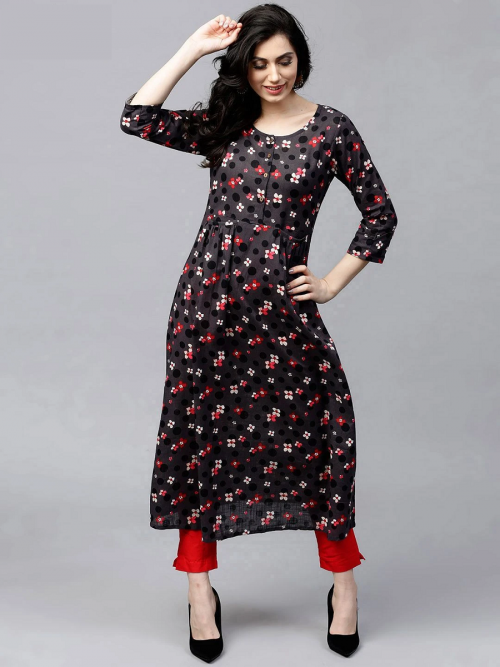 Grey & Black Printed A-Line Kurta With Pocket Details