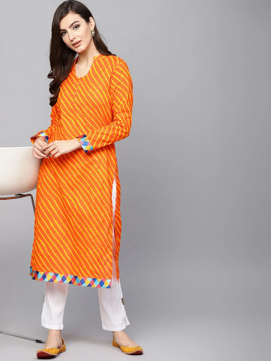 Brithika Cotton Orange Yellow Leheriya Printed Straight Kurta With Lace Details BRITHIKA Luxury Fashion
