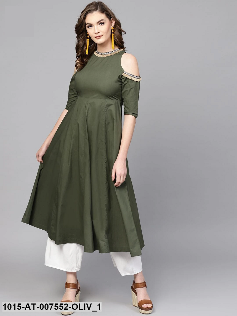 Brithika Cotton Latest Olive Cold Shoulder Kurta With Fringe Lace ...