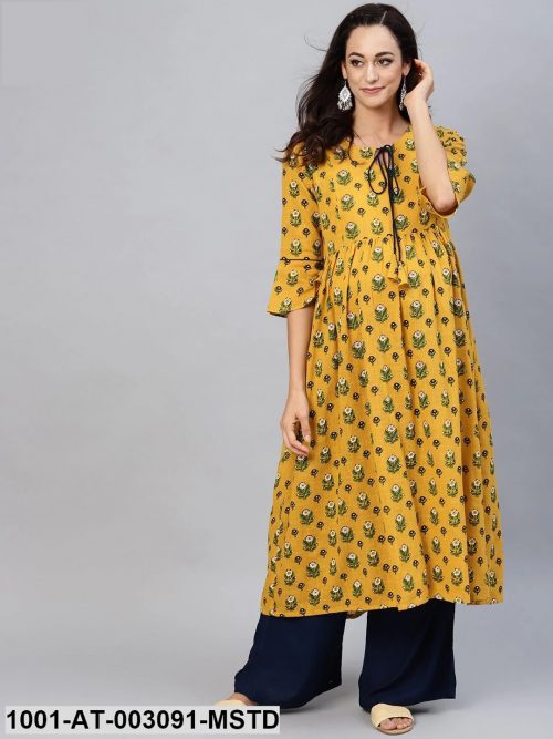 Mustard Cotton Printed Maternity Maxi Dress Kurti Kurta