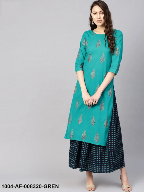 Green Gold Printed Round Neck 3/4Th Sleeves Straight Kurta With Black Printed Skirt