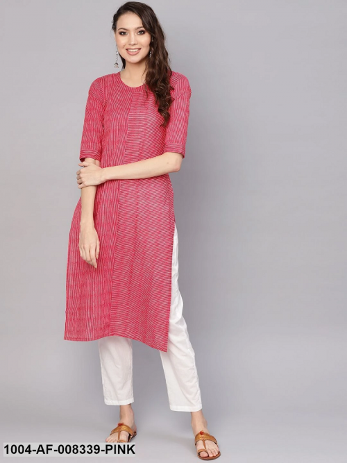 Pink Striped Round Neck Straight Kurta With Solid White Pants