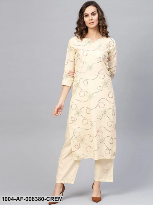 Cream Printed 3/4Th Sleeve Cotton Kurta With Printed Trouser