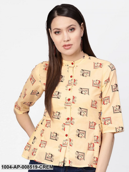 Cream Quirky Printed 3/4Th Sleeves A-Line Top