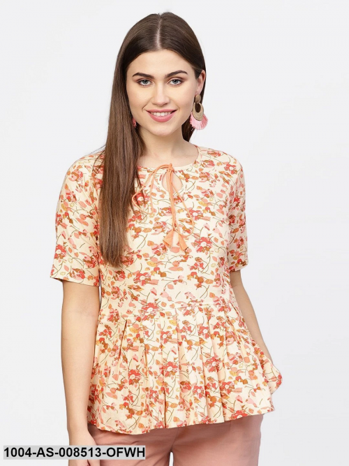 Off White & Pink Printed Cotton Half Sleeve Tunic
